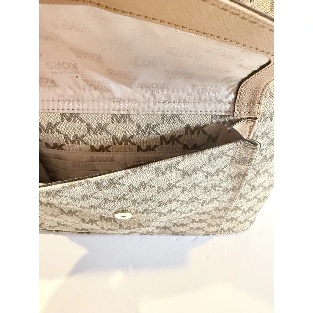Michael Kors Jet Set Signature MK Logo Tote Bag Beige Brown Large Gold Hardware